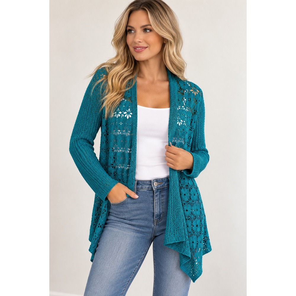 Liz Claiborne Cardigan Womens Medium Teal Blue Excellent Crochet Pointelle Knit